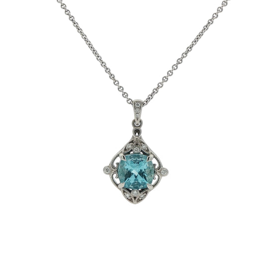 Bespoke: 18ct White Gold Cushion Cut Aquamarine & Brilliant Cut Diamond Pendant - A2.65ct/D0.15ct.