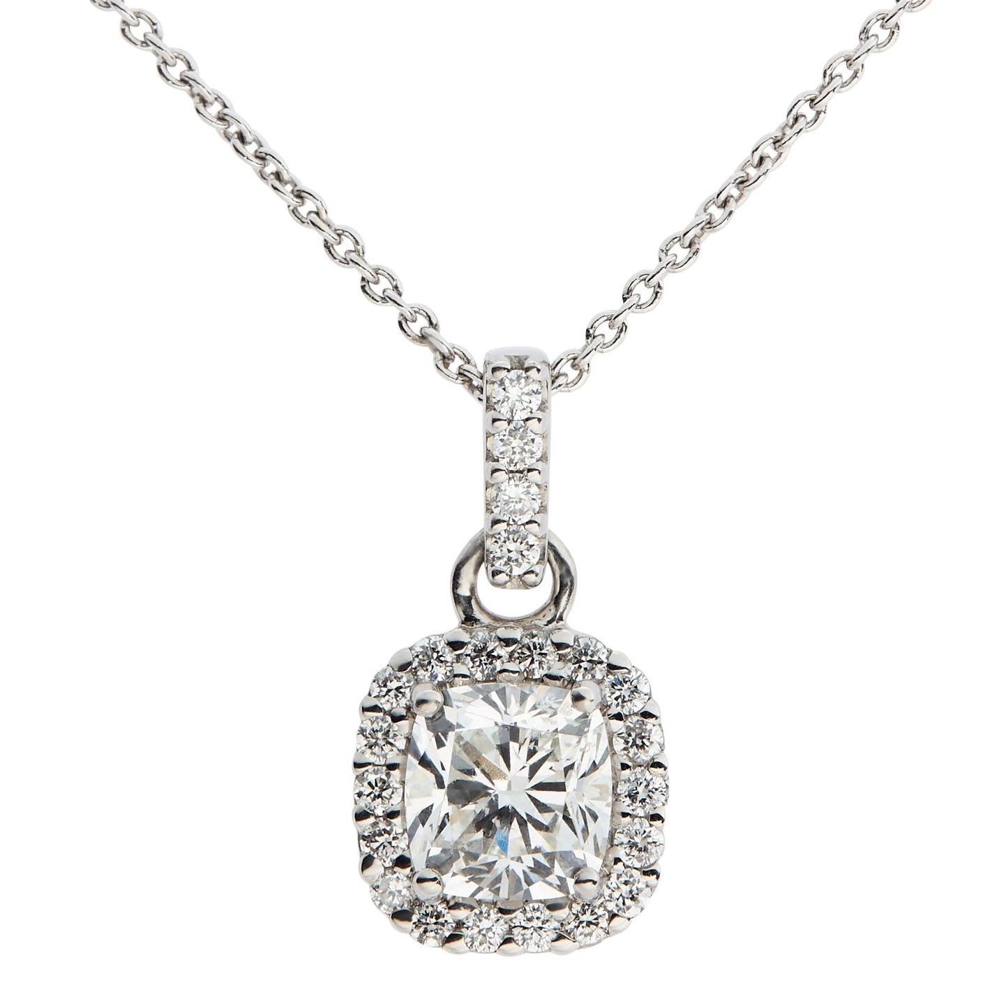 Bespoke: Platinum cushion & brilliant cut diamond halo pendant - 1.22ct