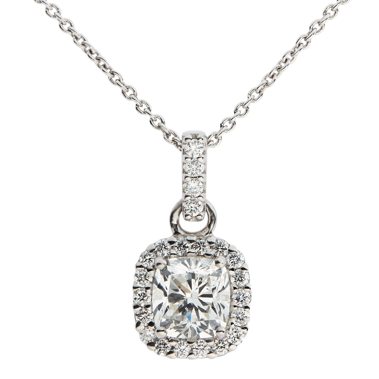 Platinum cushion & brilliant cut diamond halo pendant . Henry D Johnstone Jewellers, Alderley Edge, Poynton, Cheshire.