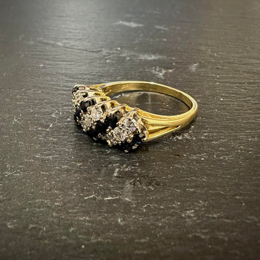 Pre-Owned: Precious yellow metal triple row alternating diamond & sapphire dress ring - 0.50ct