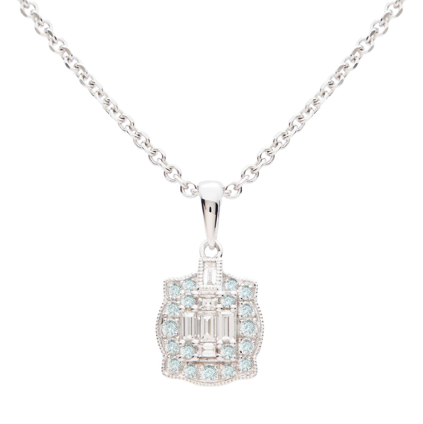 18ct white gold baguette & round brilliant cut diamond pendant - 0.38ct.