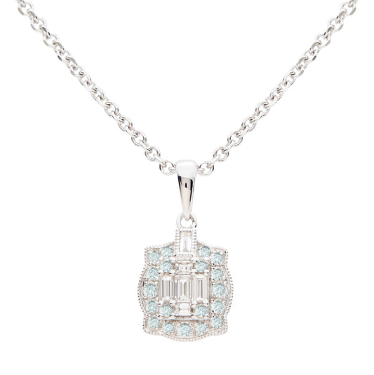 18ct white gold baguette & round brilliant cut diamond pendant. Henry D Johnstone Jewellers, Alderley Edge, Poynton, Cheshire.