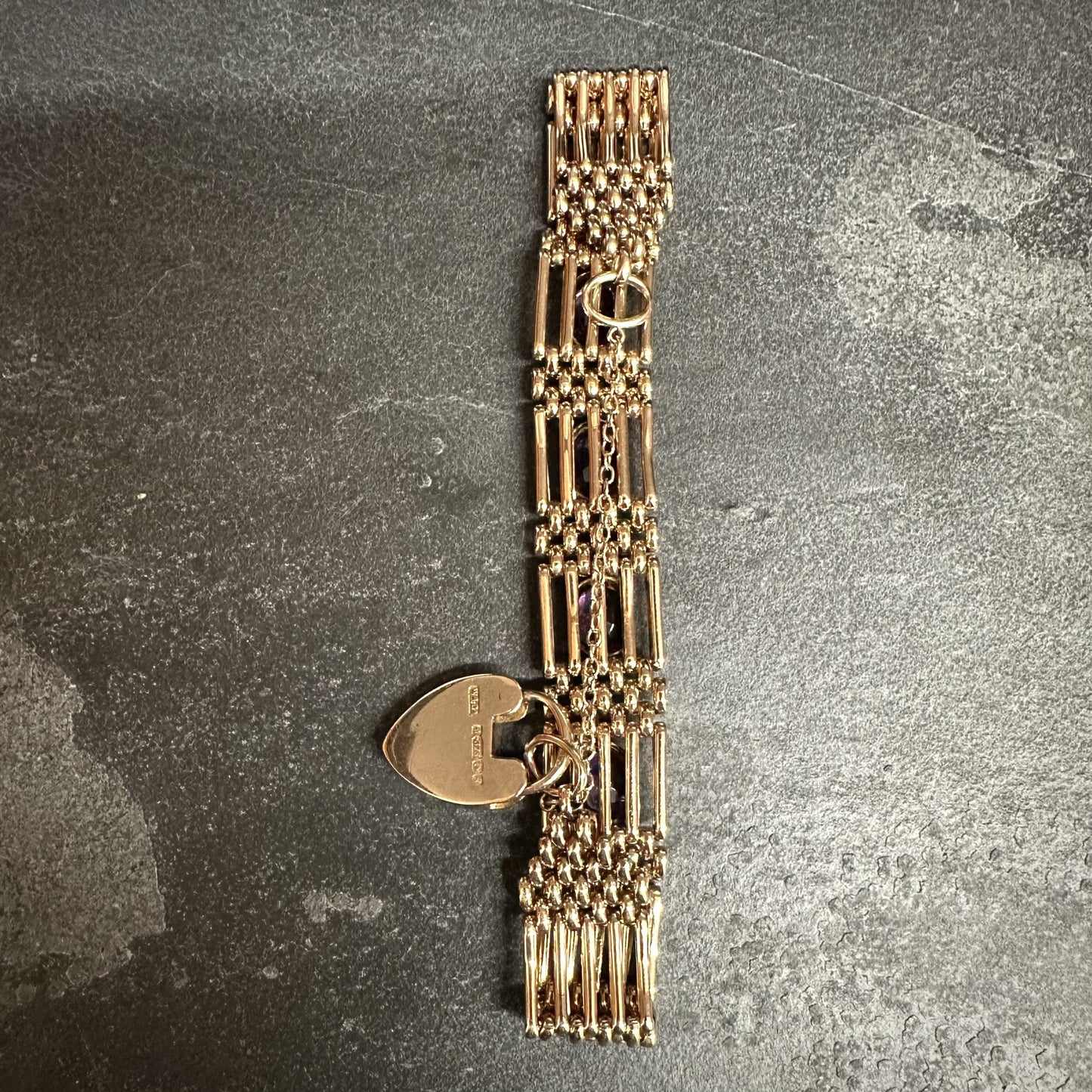 Pre-Owned: 9ct Rose Gold & Amethyst Five Bar Gate Bracelet With Heart Padlock Fastener - 3.50ct