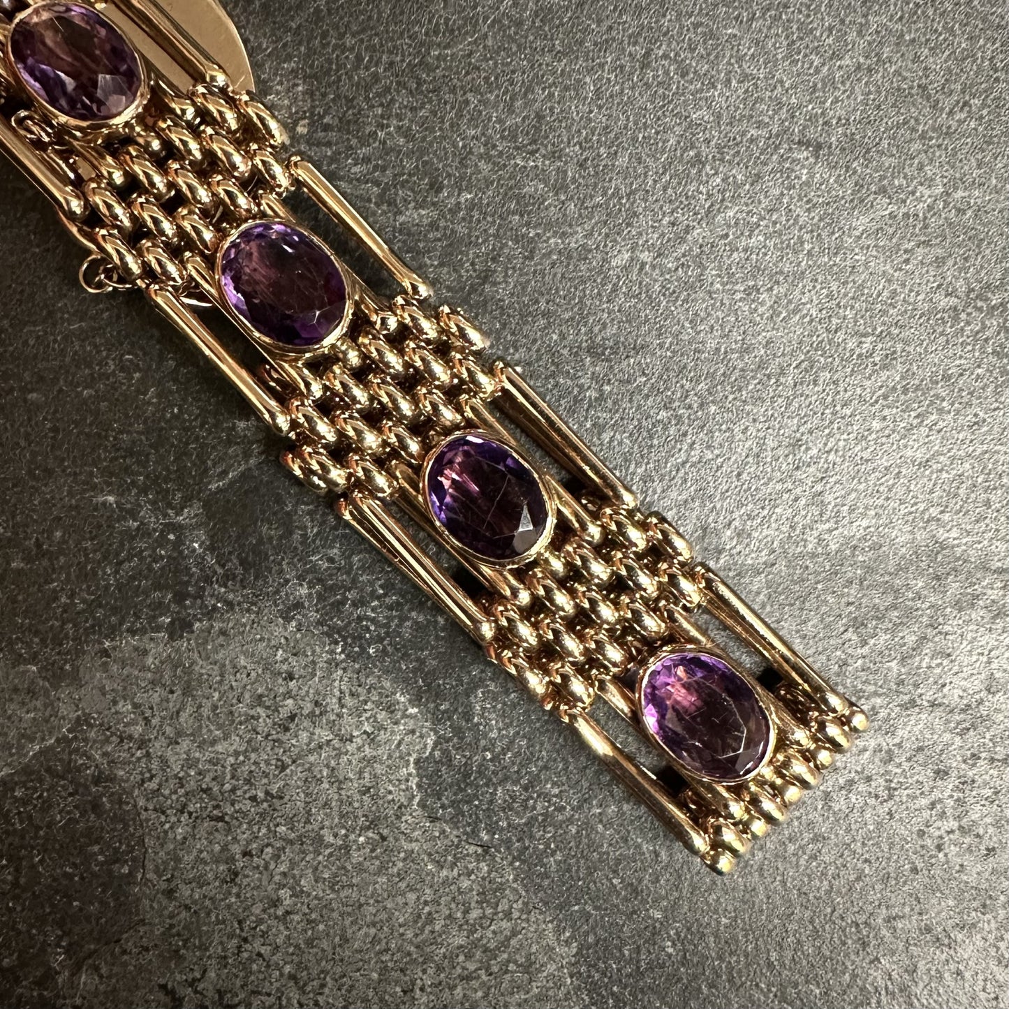 Pre-Owned: 9ct Rose Gold & Amethyst Five Bar Gate Bracelet With Heart Padlock Fastener - 3.50ct