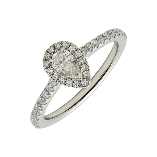 Platinum & Pear shape diamond solitaire ring with diamond set shoulders. Henry D Johnstone Jewellers. Alderley Edge, Poynton, Cheshire.