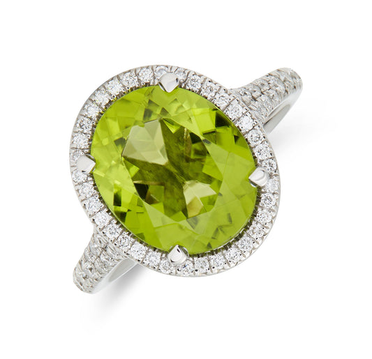 Sparkling Peridot and Diamond Halo Ring - Top View