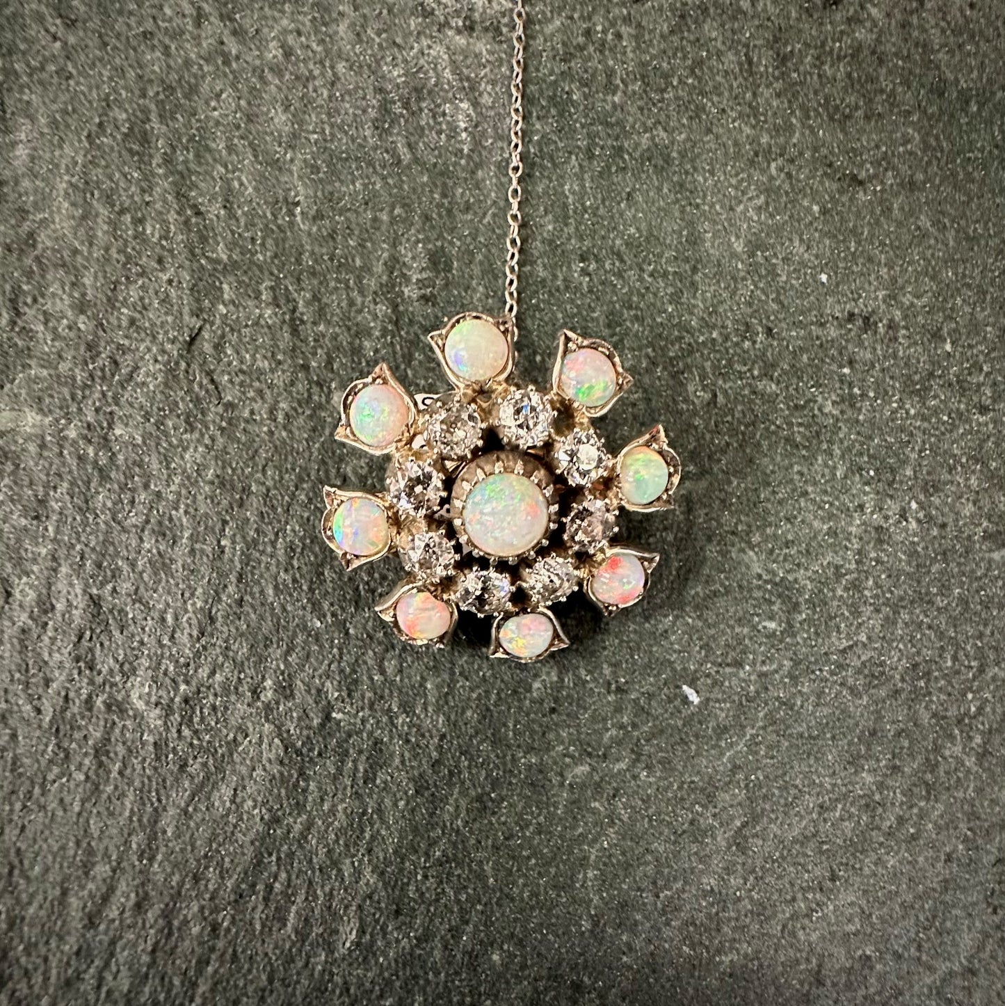 Pre-Owned: Victorian precious white metal Opal & diamond set three tier circular brooch - 3.05ct