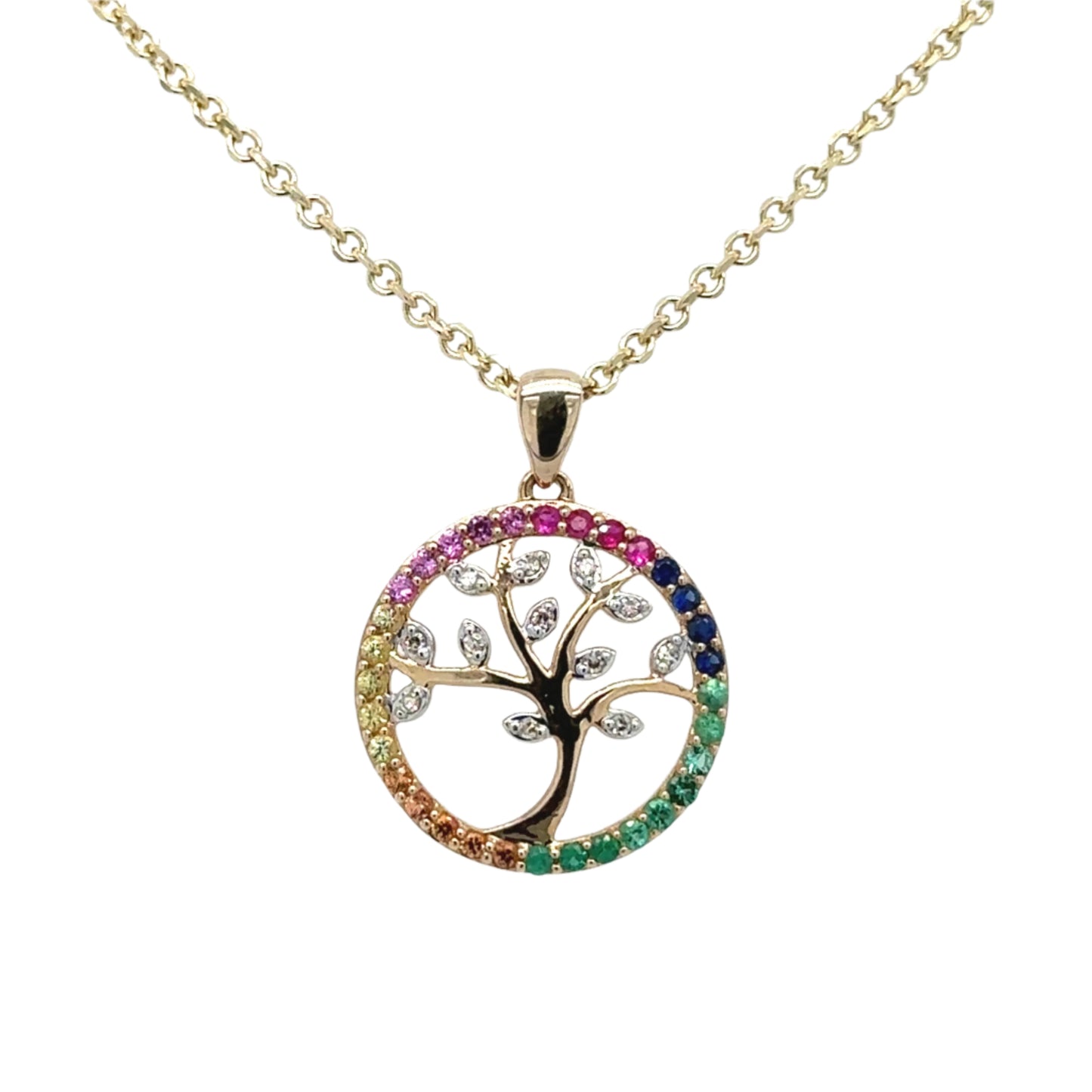 9ct yellow gold Tree of Life 'Rainbow' diamond, sapphire & emerald set pendant.
