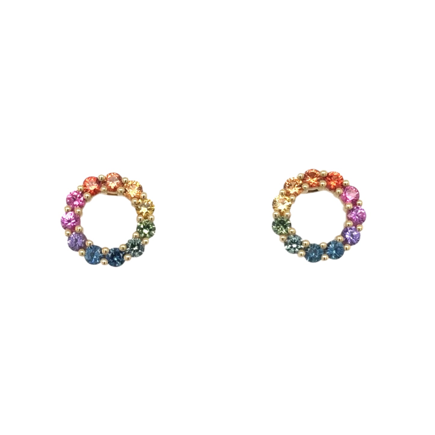 18ct yellow gold multi coloured sapphire circle stud earrings.