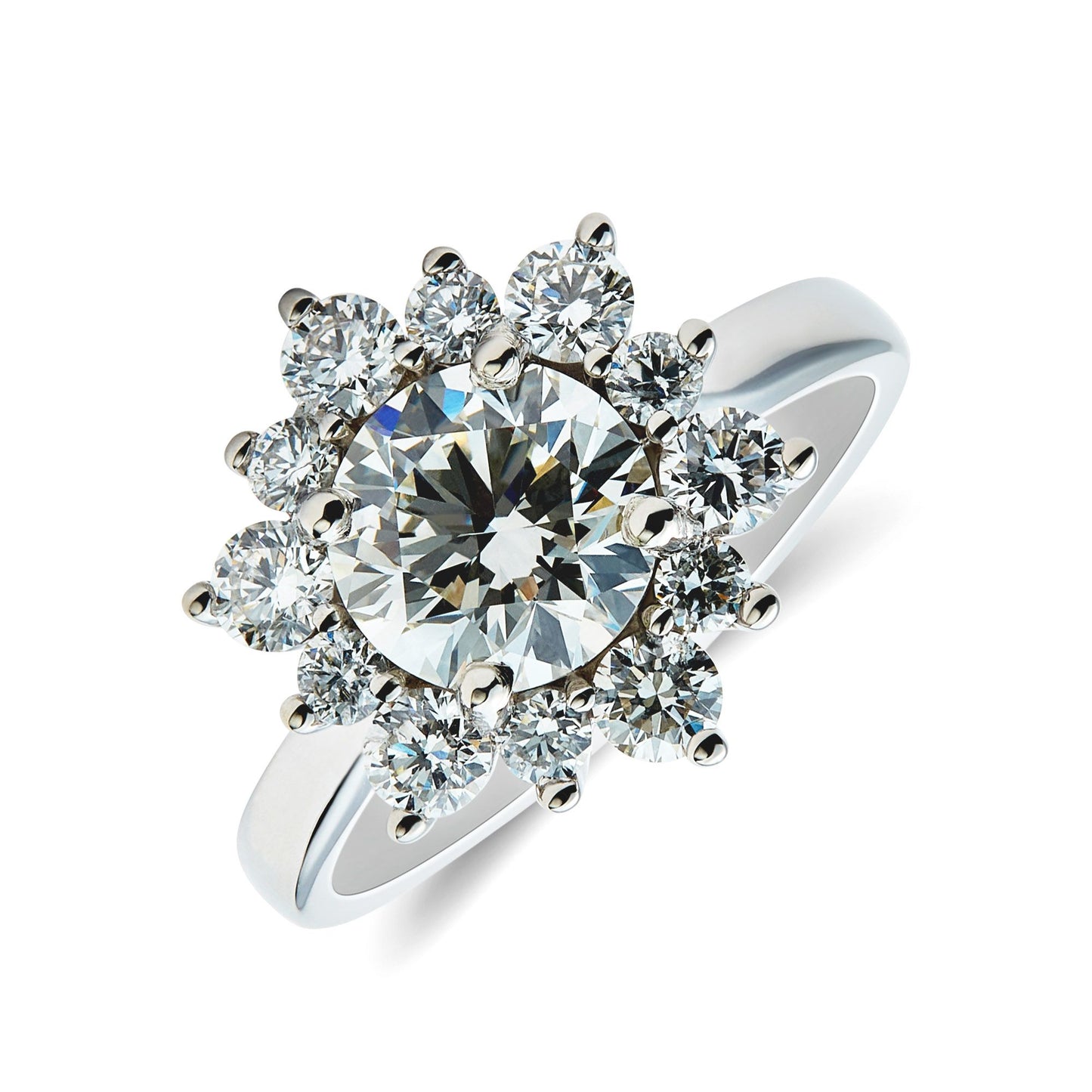 Platinum & round brilliant cut diamond hexagonal shape cluster ring. Henry D Johnstone Jewellers. Alderley Edge, Poynton, Cheshire.
