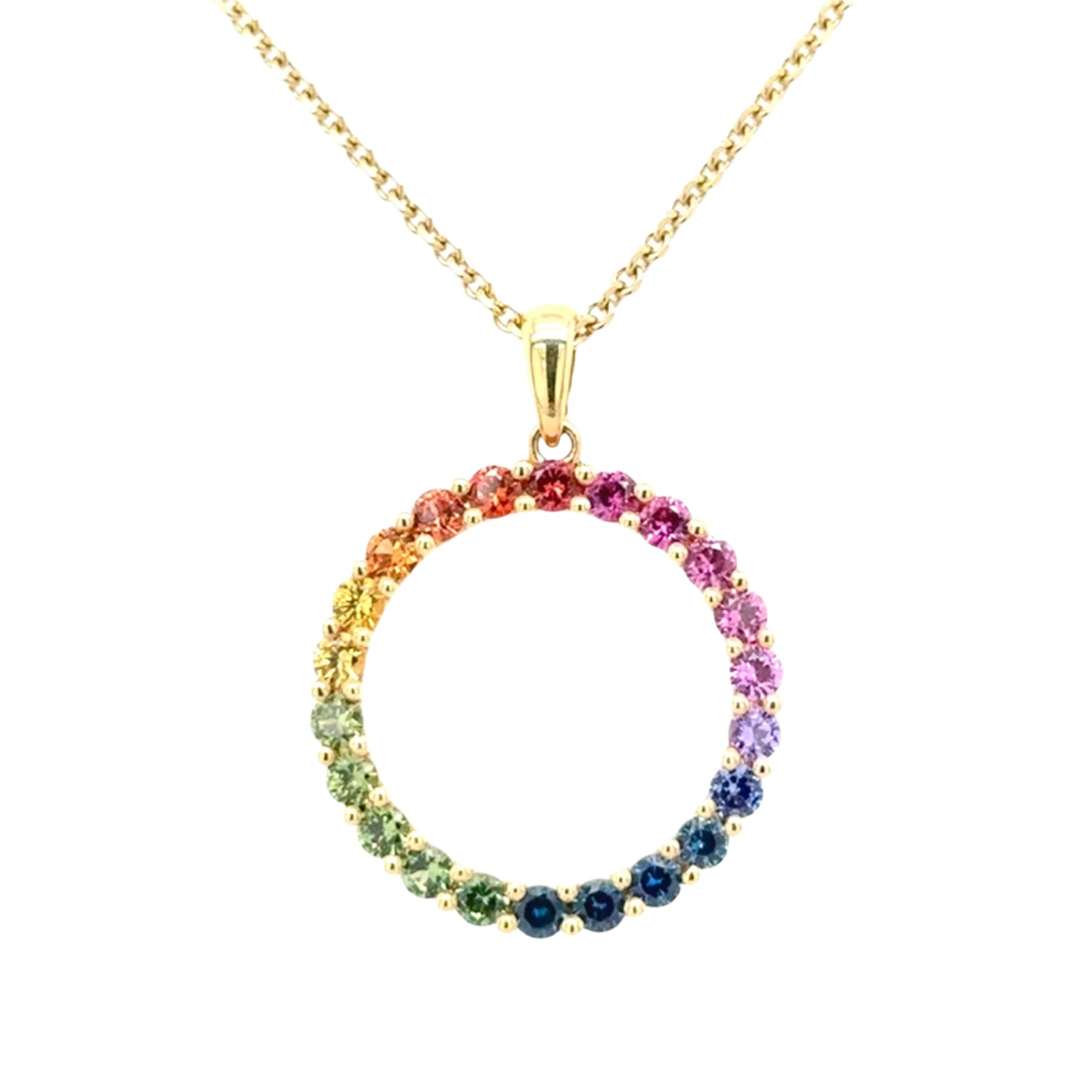18ct yellow gold multi coloured sapphire circle pendant - 1.61ct
