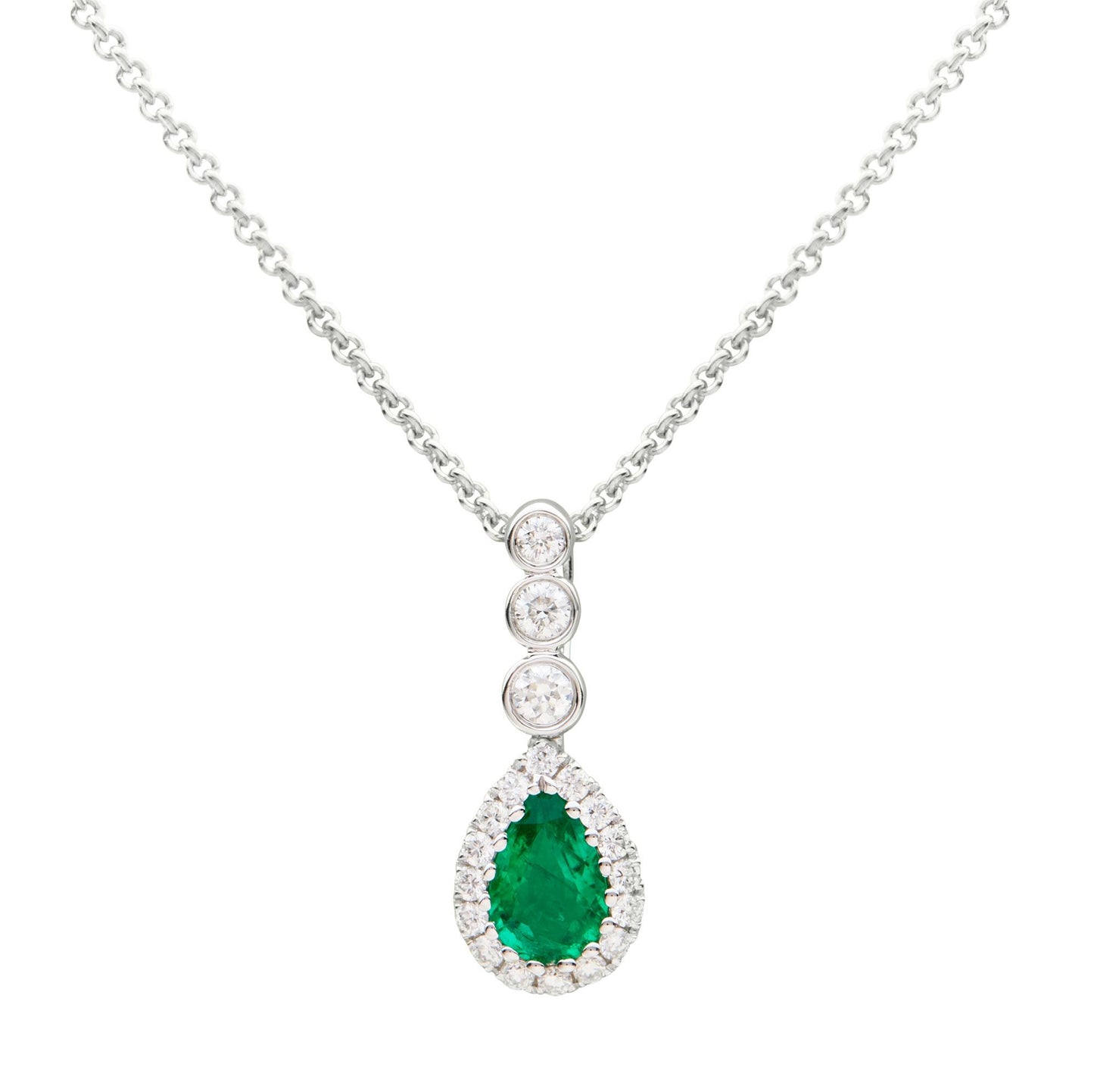 18ct white gold pear cut emerald & brilliant cut diamond drop pendant. Henry D Johnstone Jewellers, Alderley Edge, Poynton, Cheshire.