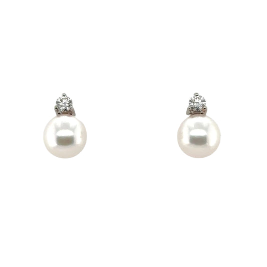 18ct white gold akoya pearl and brilliant cut diamond stud earrings - 0.30ct.