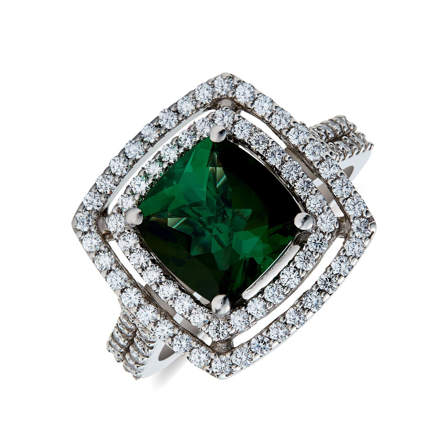 Double halGreen cushion tourmaline with diamond accentso diamond and tourmaline ring