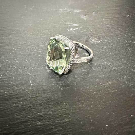 Pre-Owned: Precious white metal green amethyst ring with diamond set surround & shoulders - 0.23ct