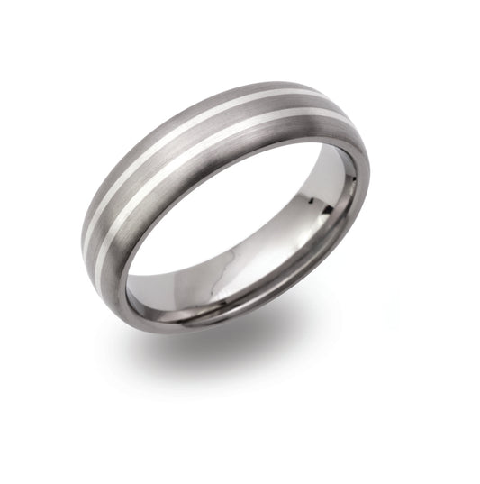 Men's titanium wedding ring with dual silver inlay. Henry D Johnstone Jewellers. Alderley Edge, Poynton, Cheshire.