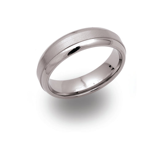 Tungsten Carbide 6.0mm ring with contrasting matte and polished finish. Henry D Johnstone Jewellers. Alderley Edge, Poynton, Cheshire.