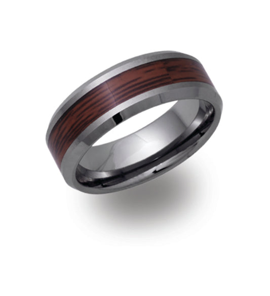 Tungsten carbide wedding band with dark wooden inlay. Henry D Johnstone Jewellers. Alderley Edge, Poynton, Cheshire.