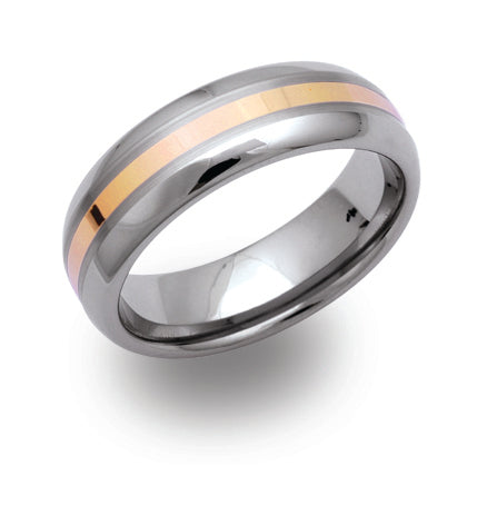 Polished tungsten carbide and yellow gold wedding band. Henry D Johnstone Jewellers. Alderley Edge, Poynton, Cheshire.