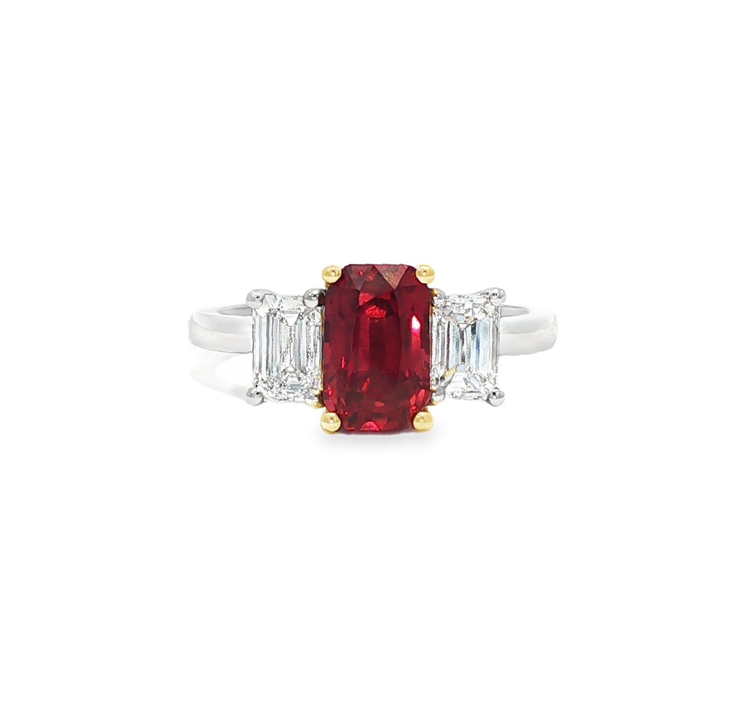 Platinum octagonal cut ruby and emerald cut diamond 3st ring - 0.40/2.43/0.41.