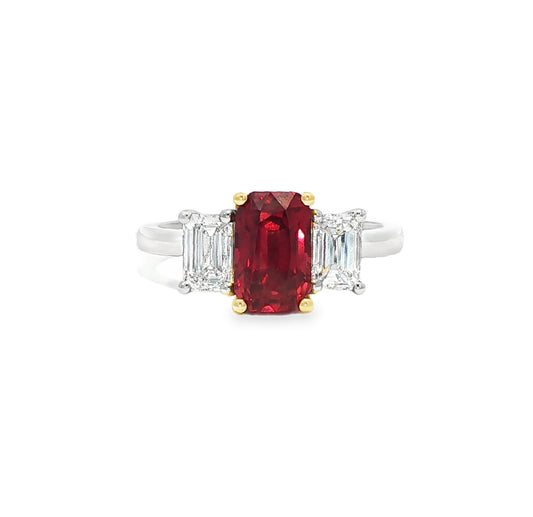 Platinum octagonal cut ruby and emerald cut diamond 3st ring - 0.40/2.43/0.41.