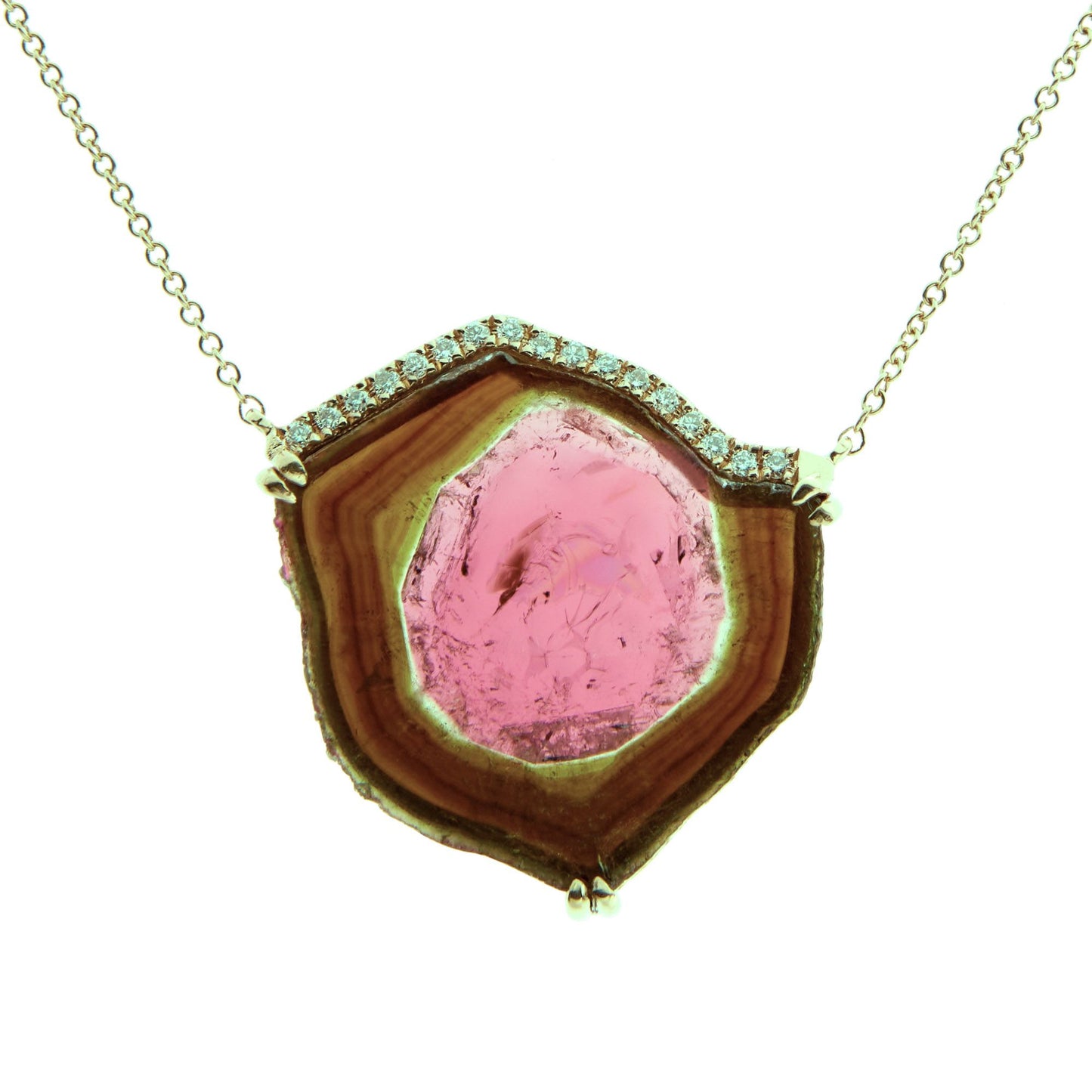 UNIQUE: One 18ct yellow gold Watermelon Tourmaline and diamond pendant on fine trace chain - 13.08ct/0.09ct.