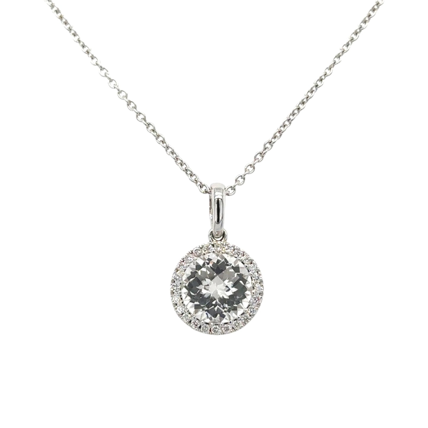 18ct white gold white topaz and diamond halo cluster pendant on fine trace chain.