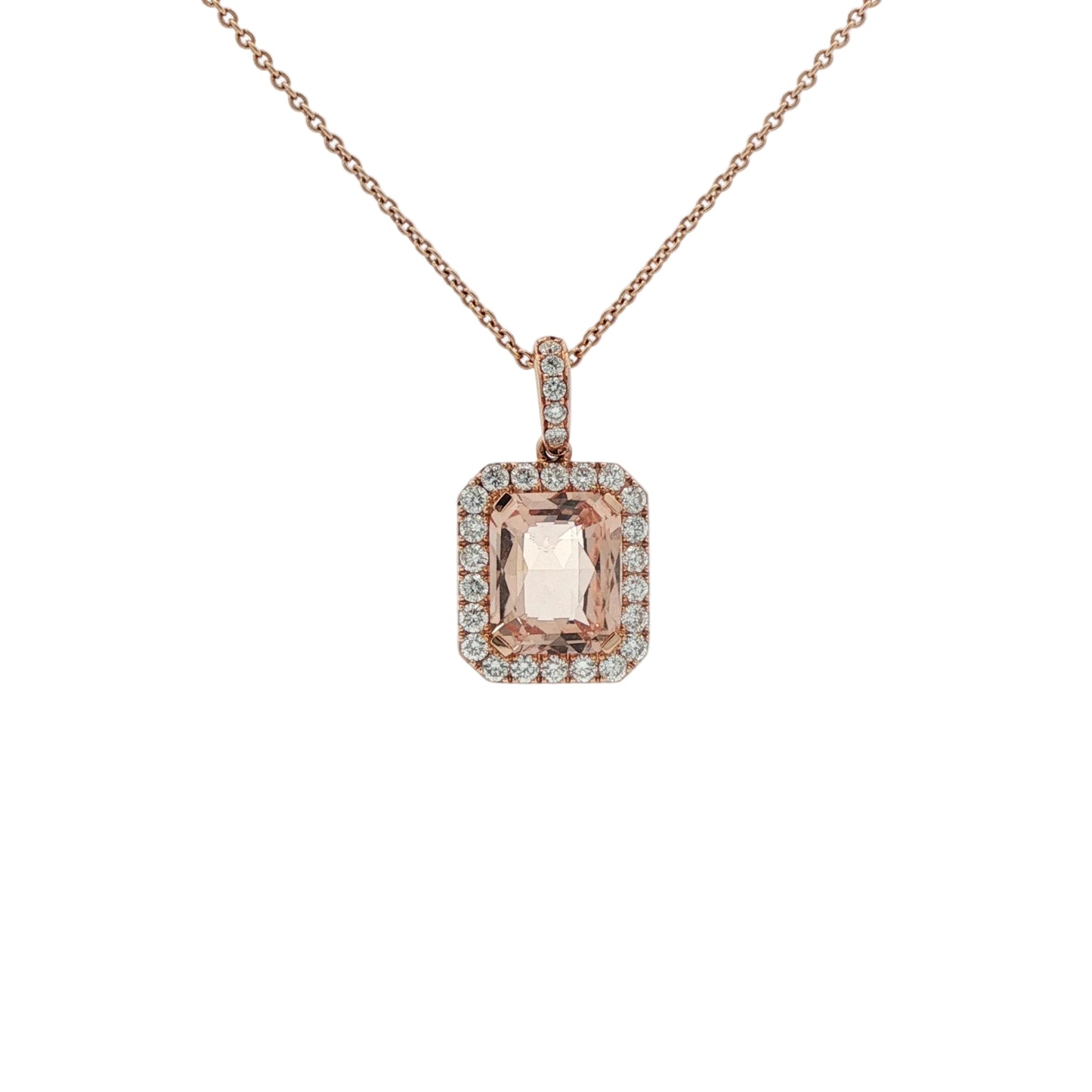 18ct Rose Gold Domed Faceted Rectangular Shaped Morganite & Brilliant Cut Diamond Halo Pendant On Fine Trace Chain - 27D 0.56ct / MRG 3.31ct