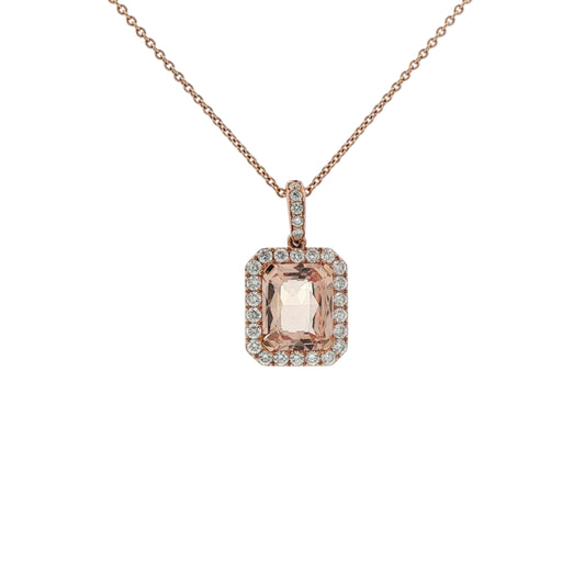 18ct Rose Gold Domed Faceted Rectangular Shaped Morganite & Brilliant Cut Diamond Halo Pendant On Fine Trace Chain - 27D 0.56ct / MRG 3.31ct