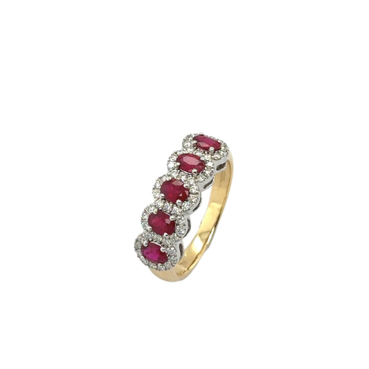 18ct yellow & white gold ruby and diamond halo eternity ring