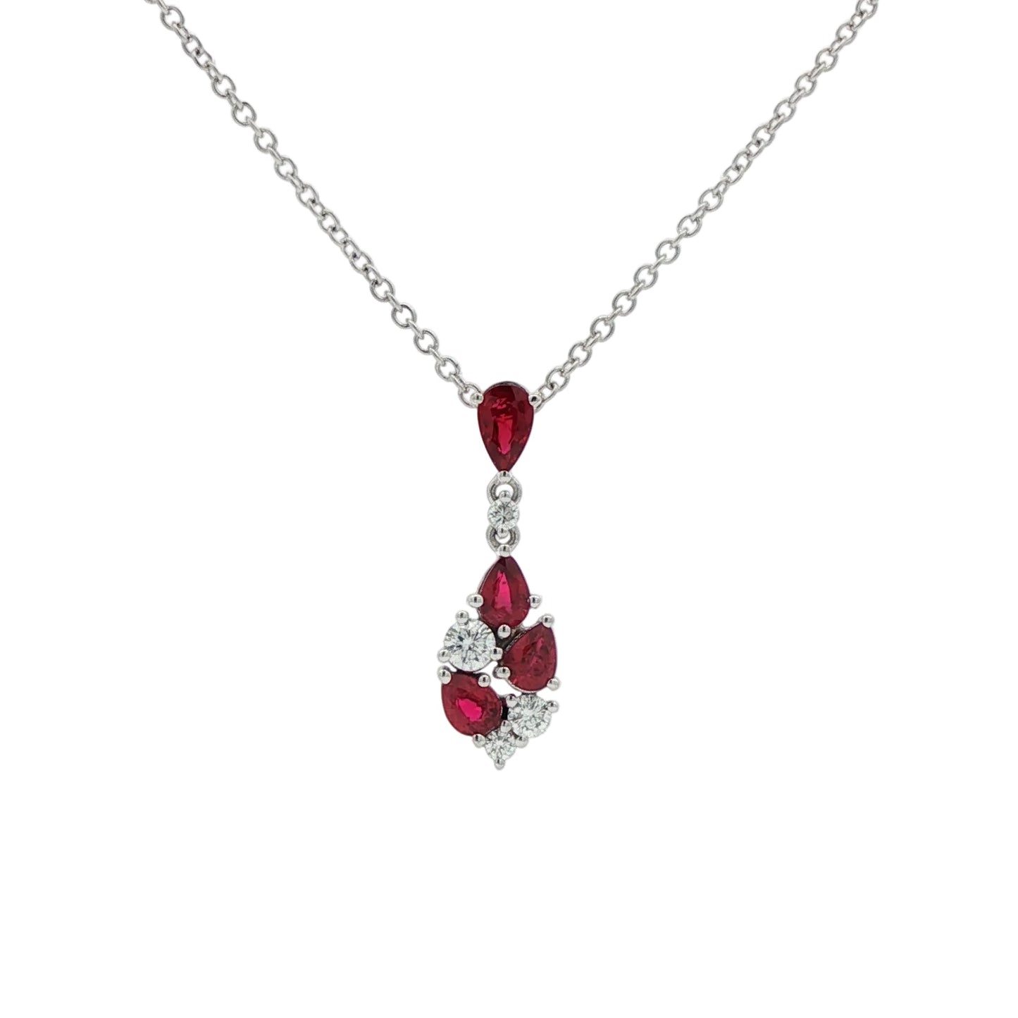 18ct White Gold Ruby & Diamond Pear Shape Cluster Pendant - R:0.84ct / D:0.20ct
