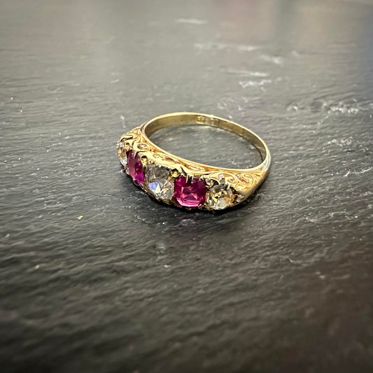 Pre-Owned: Precious yellow metal ruby & diamond set five stone ring  - 0.80ct.