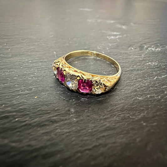 Pre-Owned: Precious yellow metal ruby & diamond set five stone ring - 0.80ct.