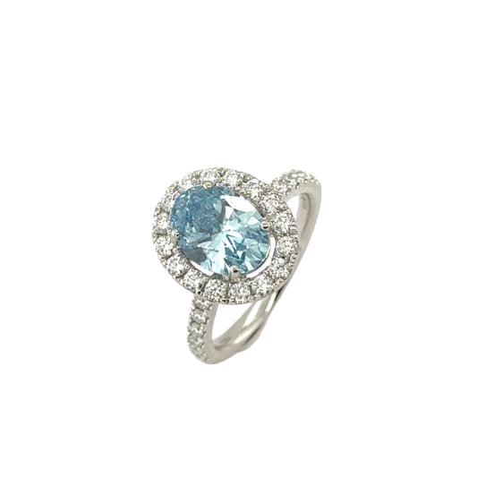 LAB GROWN: Platinum oval blue LAB GROWN diamond with natural brilliant cut diamond halo and shoulder ring - LG1.97 / 0.72ct.