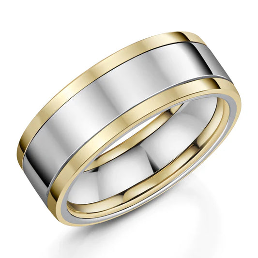 Natural Zirconium & 9ct Gold 8.0mm Flat Court Profile Wedding Band With 9ct Inlay - Polished finish