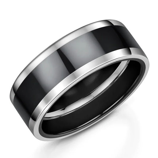 Black Zirconium & Platinum 8.0mm Flat Court Profile Wedding Band With Platinum Inlay - Polished finish