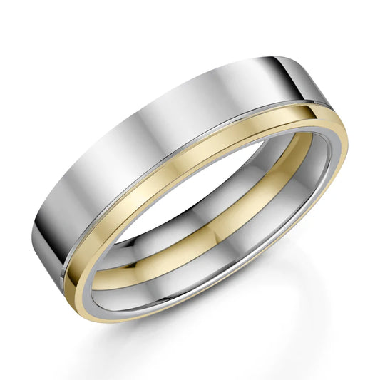 Natural Zirconium & 9ct Gold Inlays 6.0mm Flat Court Wedding Band - Polished Finish.