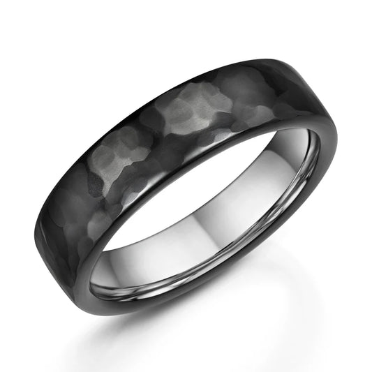 Black Zirconium 6.0mm 'Hammered' Effect Wedding Band With Silver Inlay 6.0mm