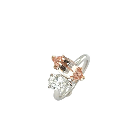 Bespoke: One Platinum & 18ct rose gold morganite and LAB GROWN pear diamond 'Moi Et Toi' ring - M2.01ct / LG 1.02ct.