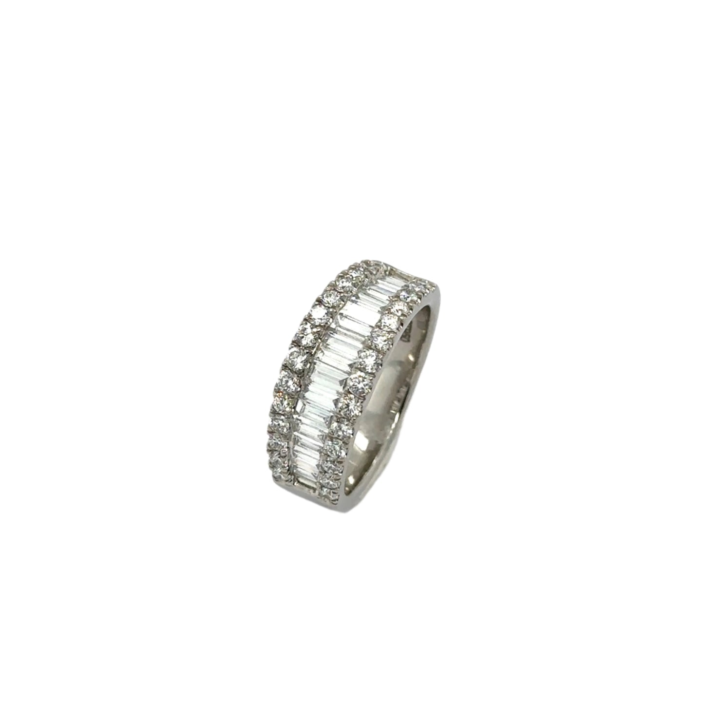 Platinum three row graduated baguette & brilliant cut diamond band ring - 1.51ct