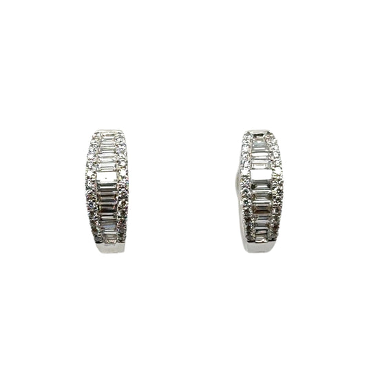 18ct white gold three row baguette & brilliant cut diamond hoop earrings - 1.02ct