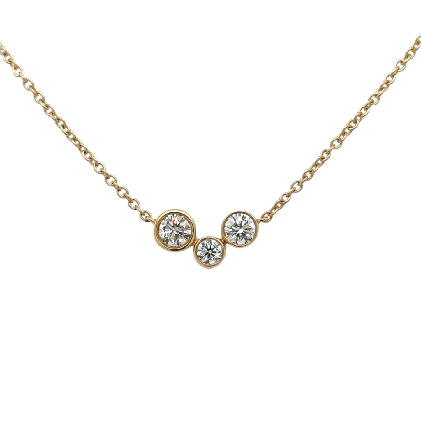 18ct yellow gold three stone diamond bubble necklace.