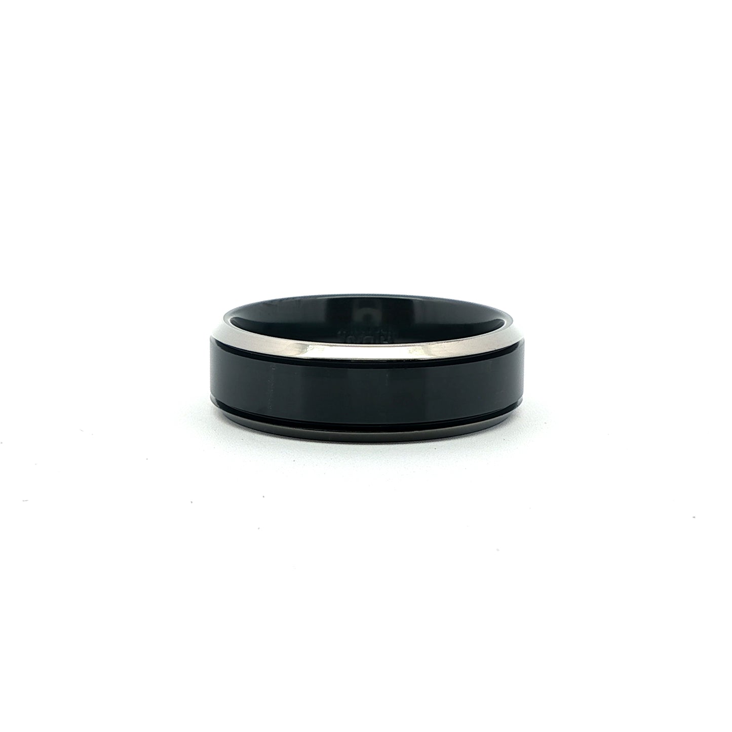 Black Zirconium Centre 7.0mm Ring With Bevelled Natural Zirconium Edges.