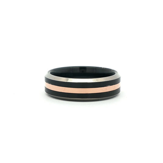 Black Zirconium Two-Tone & Precious Red Metal flat Striped Flat Chamfered 7.0mm Band.