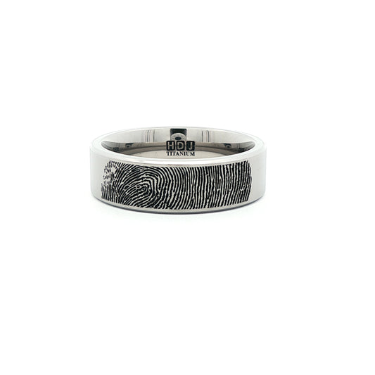 Titanium Flat Court 'Satin' Finish 6.0mm to 7.0mm Ring With laser Engraved Fingerprint