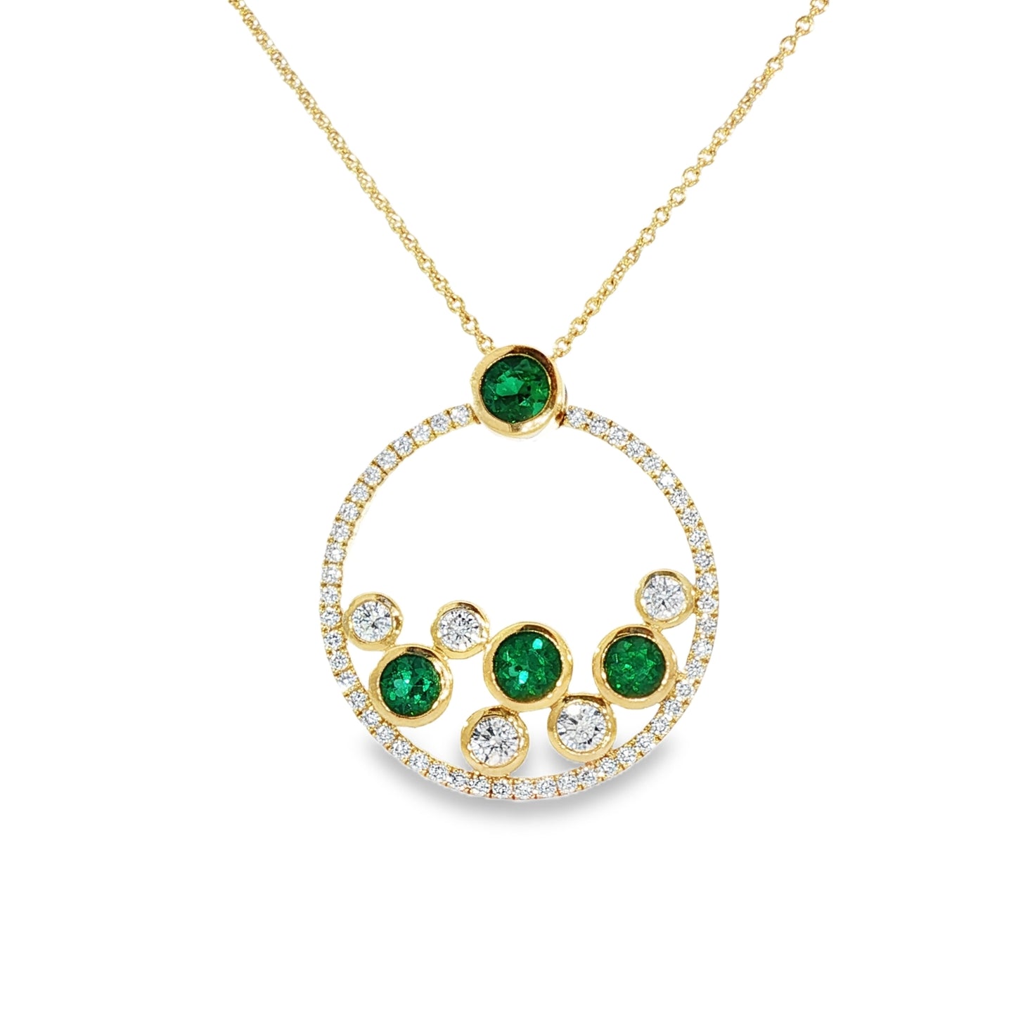 18ct yellow gold emerald and diamond circular 'bubble' pendant on trace chain.
