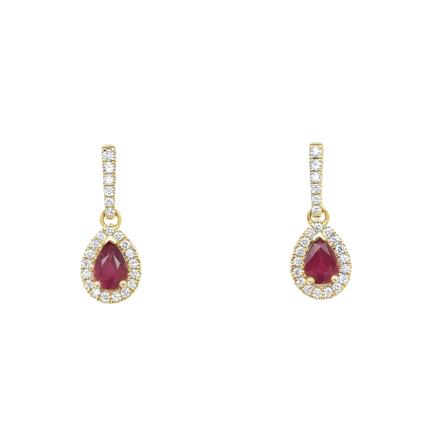 18ct yellow gold pear cut ruby and brilliant cut diamond drop earrings.