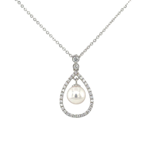 18ct white gold Cultured pearl and brilliant cut diamond pear shaped frame drop pendant - 0.22ct.