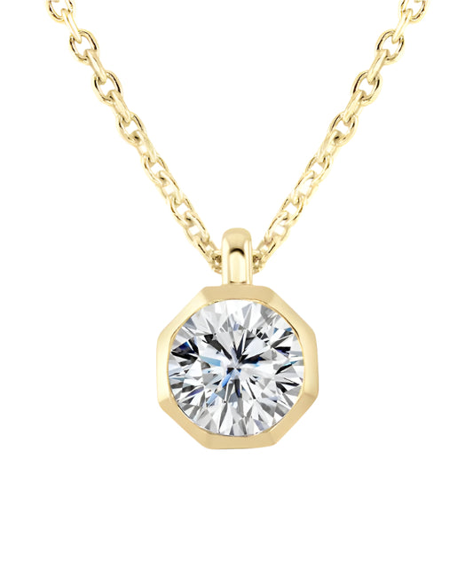 LAB GROWN: 9ct yellow gold lab grown round brilliant cut diamond in a octagonal rub over setting on fine chain - 0.15ct - 0.50ct