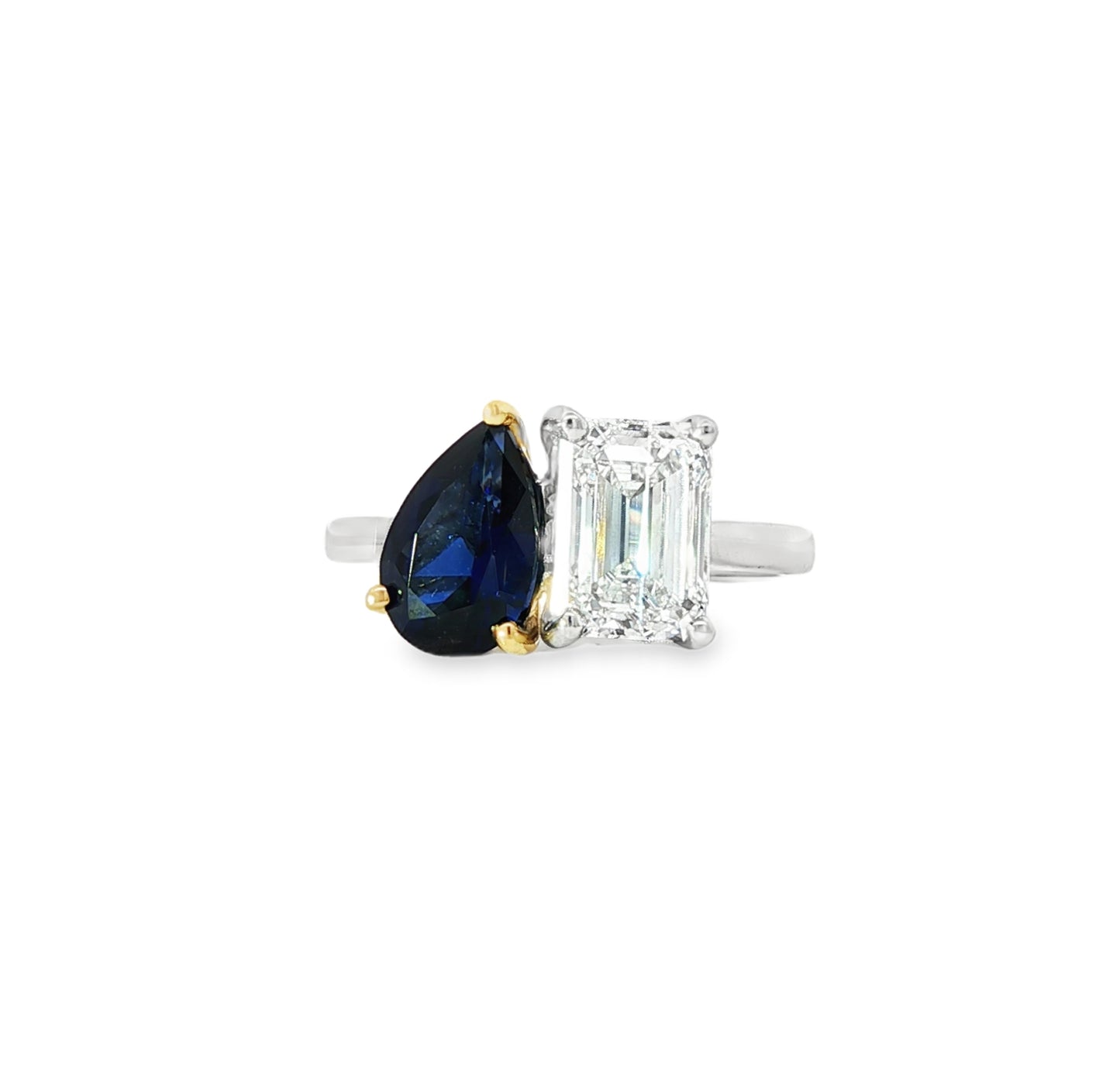 LAB GROWN: Platinum & 18ct Yellow Gold Pear Shape Blue Sapphire & Emerald cut diamond 'Moi Et Toi' ring - D1.90ct / S1.42ct.